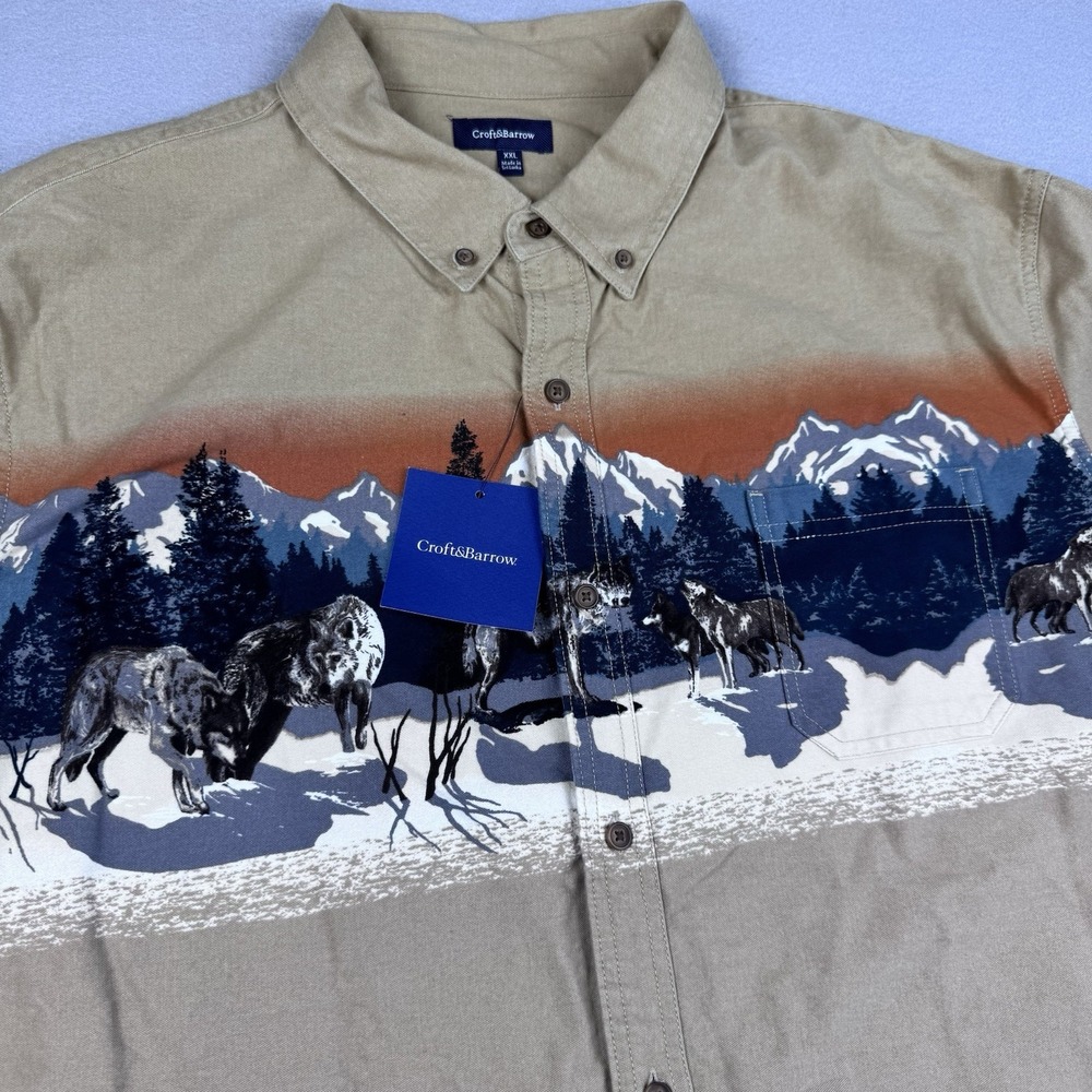 NWT Croft & Barrow Wolf Print Button Shirt XXL LS Graphic Nature Mountain Gorp